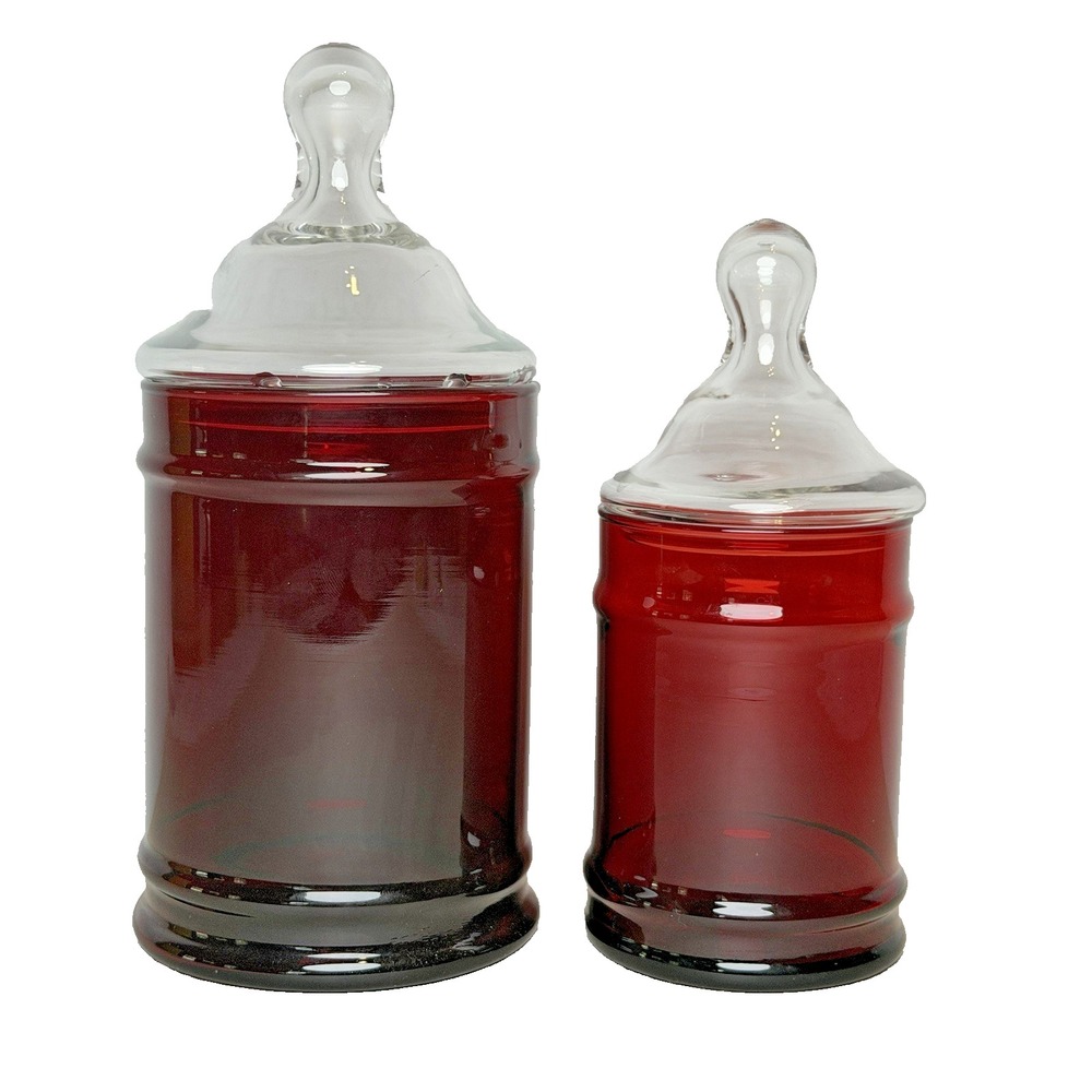 Anchor Hocking Royal Ruby Red Glass Apothecary Candy Jar Clear Lid Set of 2